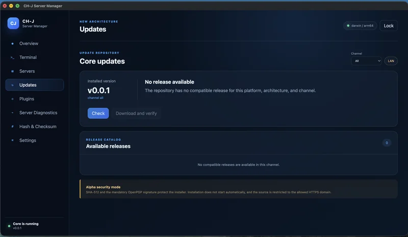 CH-J Server Manager – Část Aktualizace: přehled vydání a kontrola stažených balíčků.