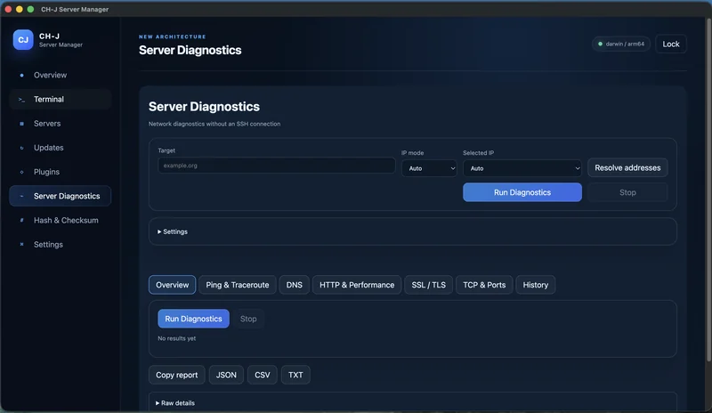 CH-J Server Manager – Skutečná obrazovka diagnostiky při měření místní testovací HTTP služby; ukázka nedokládá podporu HTTP/3 veřejného serveru.