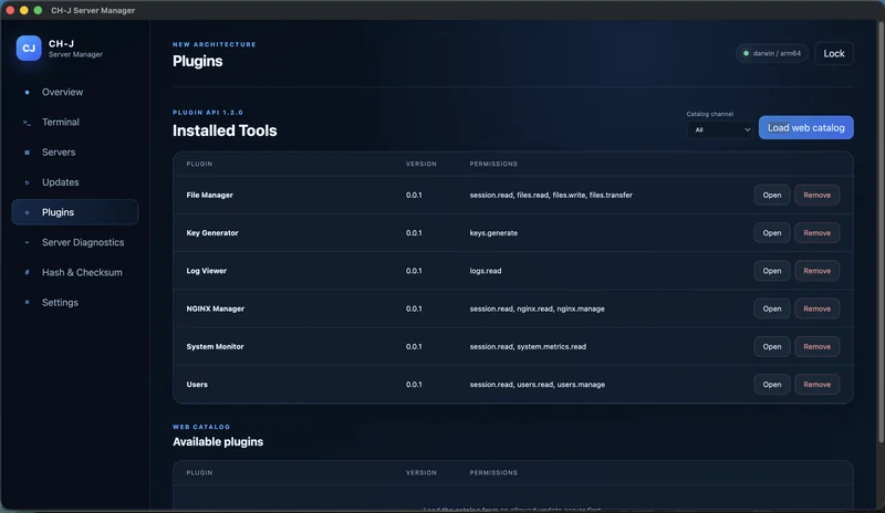 CH-J Server Manager – Přehled pluginů aplikace, odkud se spouštějí rozšiřující nástroje.