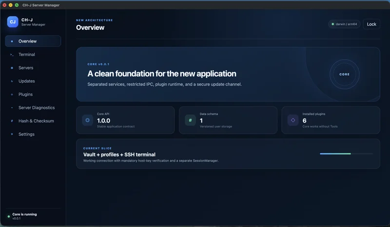 CH-J Server Manager – Přehled desktopové aplikace; způsob instalace přes APT je uveden v postupu.